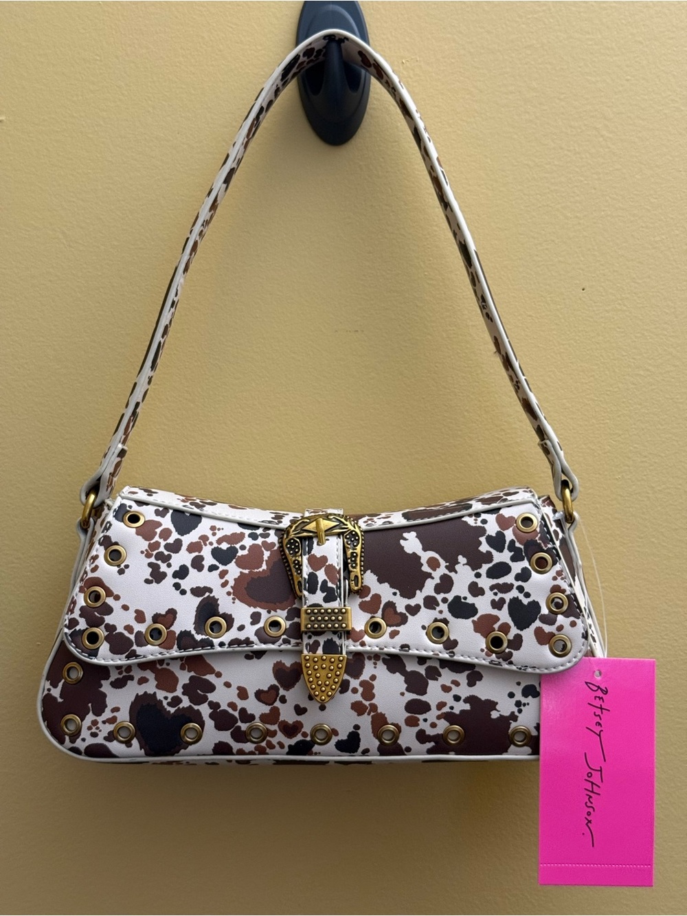 Betsey Johnson Brown and White Western Cow Heart Print Shoulder Bag NWT